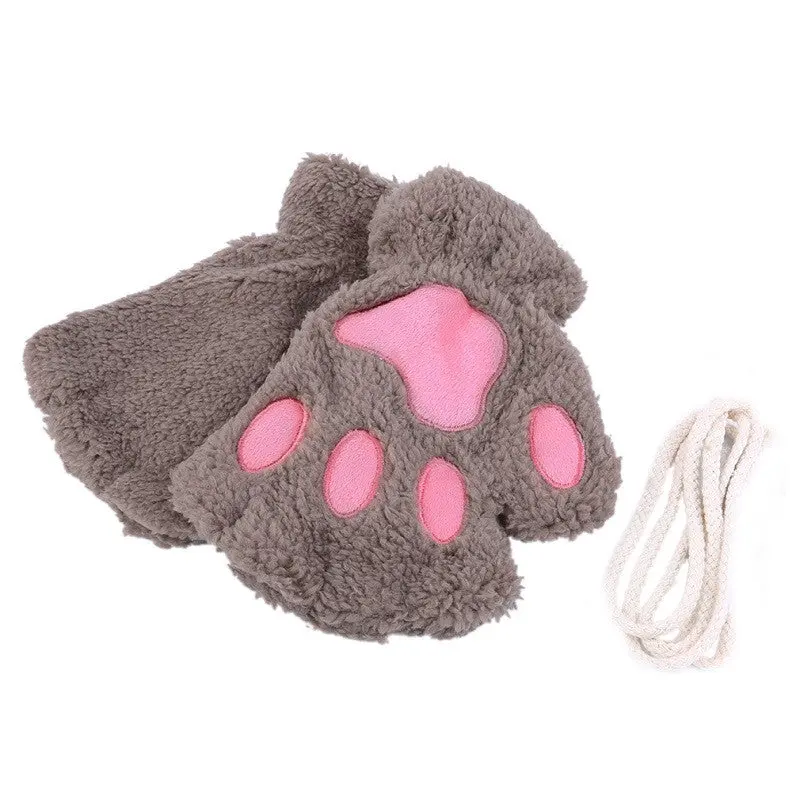 Fluffy Bearcat Plush Pawclaw Glove-Novelty Soft Toweling Lady's Half Covered Gloves Mittens Valentine's Day Gift 6