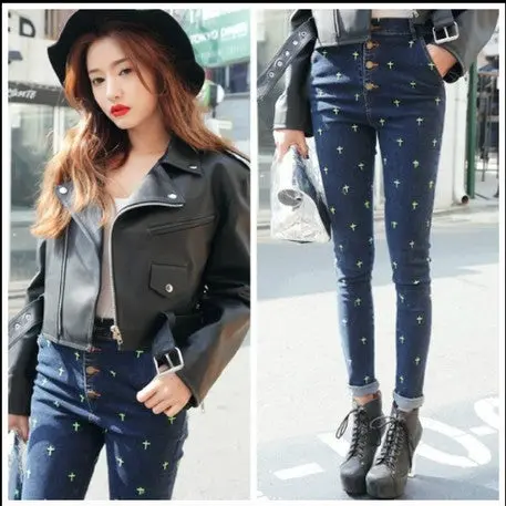 Fluorescent Cross Embroidery Skinny Jeans Woman High Waisted Jeans Plus Size Slim Jeans For Women Good Quality 1