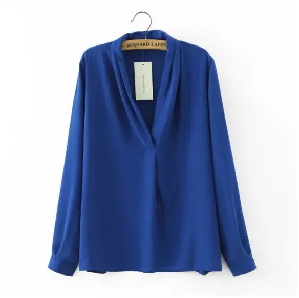 Fold V Neck Pullovers Shirts Women Long Sleeve Loose Pullover Blouses Tops Blue White S M L 1