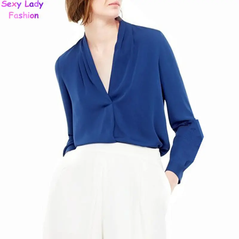Fold V Neck Pullovers Shirts Women Long Sleeve Loose Pullover Blouses Tops Blue White S M L 3
