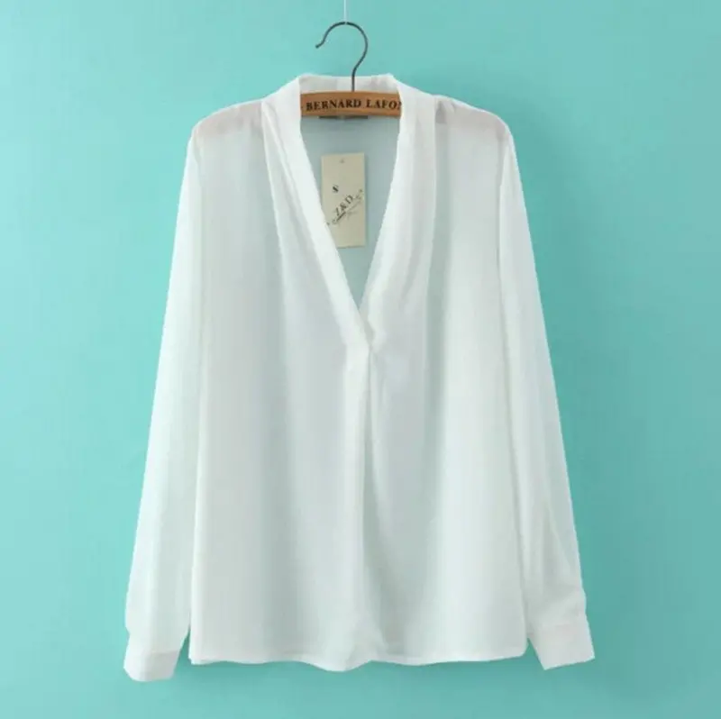 Fold V Neck Pullovers Shirts Women Long Sleeve Loose Pullover Blouses Tops Blue White S M L 4
