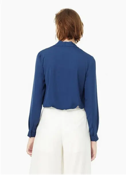 Fold V Neck Pullovers Shirts Women Long Sleeve Loose Pullover Blouses Tops Blue White S M L 6
