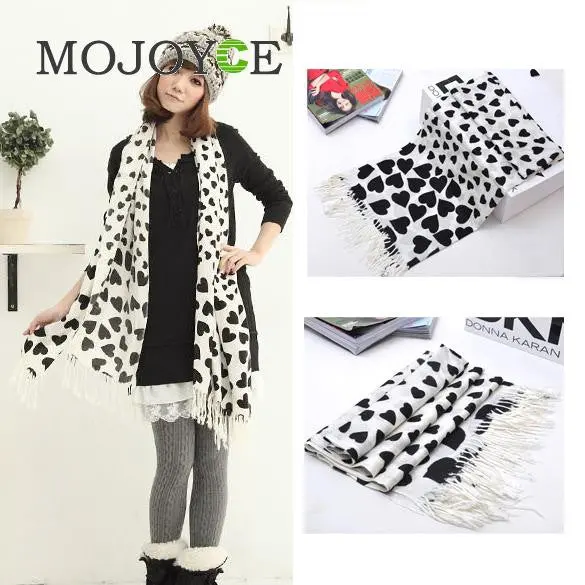 For Lady Girl Fashion Love Heart White Face Black Heart Tassel Scarf Shawl 1