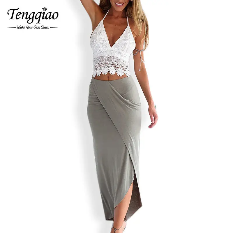 Foral Lace Top+ Long Maxi Dress Sexy 2 Piece Badnage Dress Sexy Bohemian Irregular Beach Dresses 1