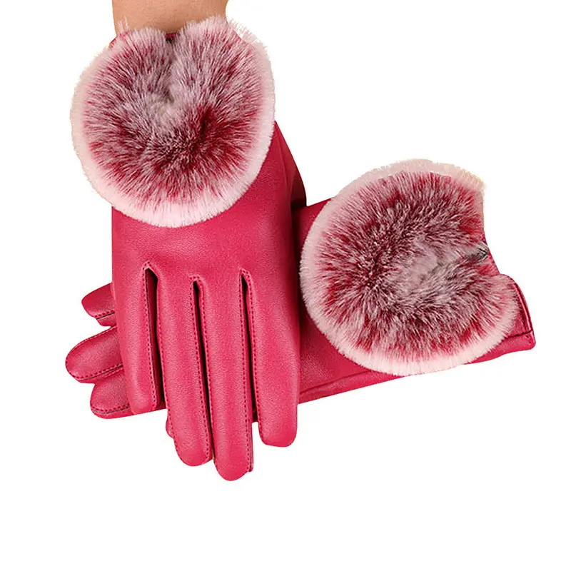 Forward 4 Colors Full Finger Women Pu Leather Super Warm Gloves Cashmere Free Size Wrist Gloves Mittens 1