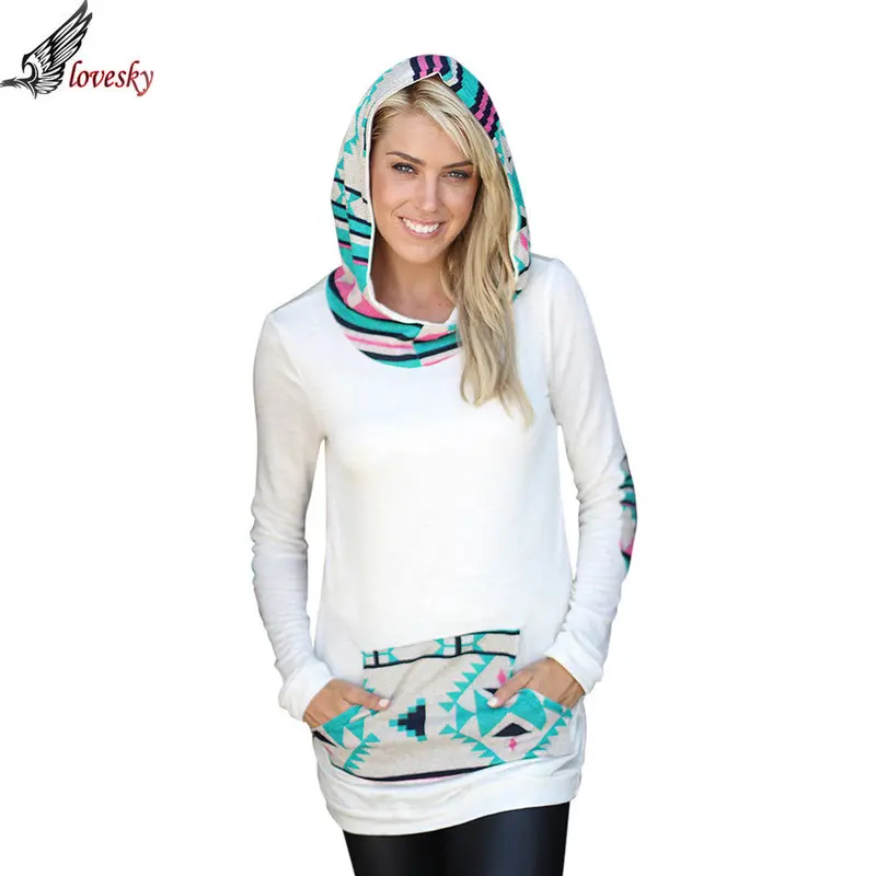 Forward Autum Womens Geometric Printing Pocket Hoodie Hooded Pullover Tops Blouse Fast Shipping 1