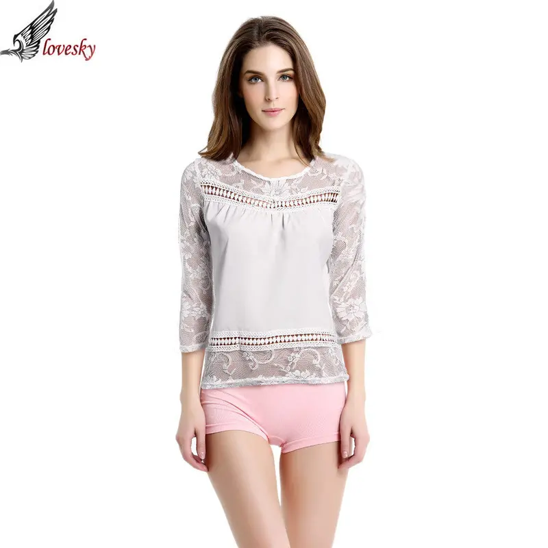 Forward Casual Women O-Neck Lace Splice Chiffon Three Quarter Sleeve Blouse Tops Shirt Plus Size 1
