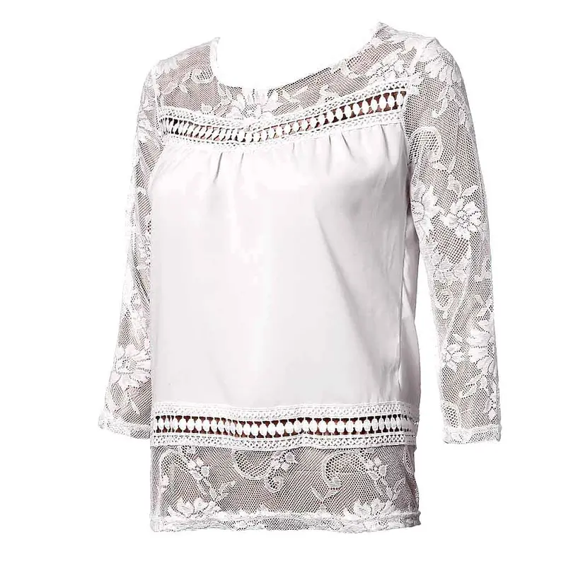 Forward Casual Women O-Neck Lace Splice Chiffon Three Quarter Sleeve Blouse Tops Shirt Plus Size 3