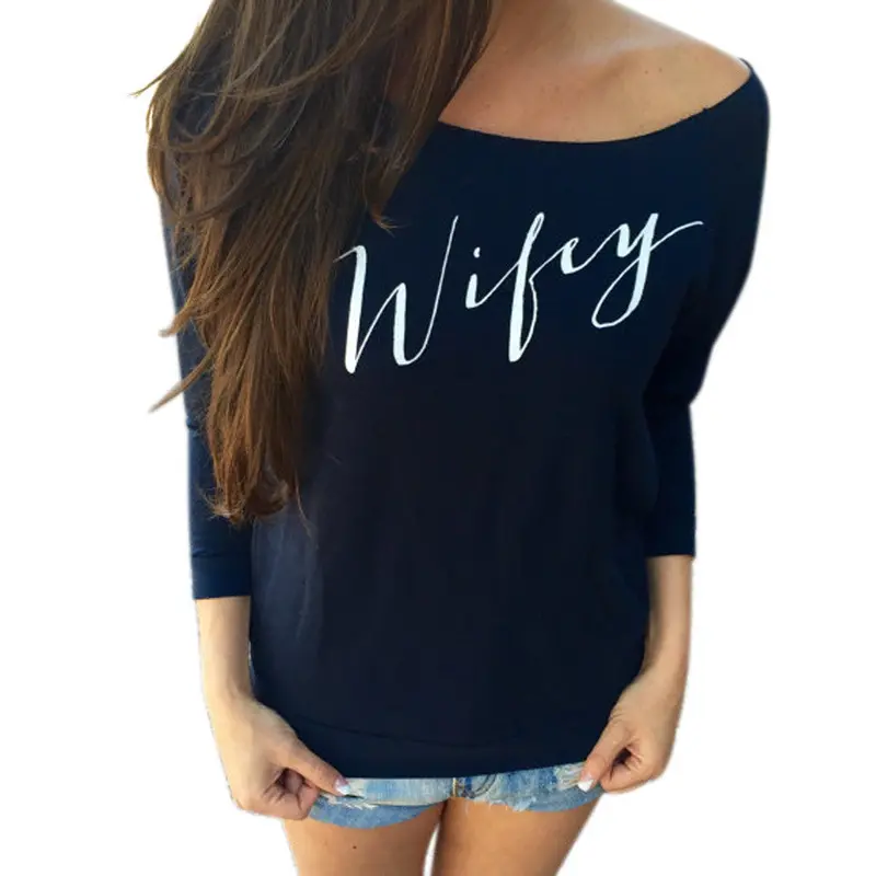 Forward Sexy Women Comfortable Tops Ldies Sloping Shoulder Cotton Long Sleeve Letter Pattern T Shirt 1