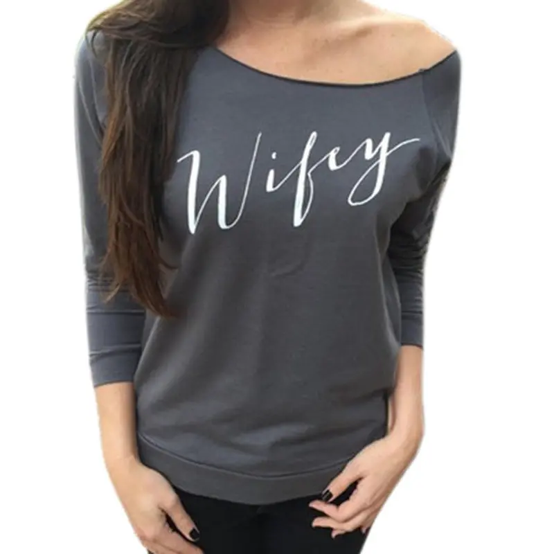 Forward Sexy Women Comfortable Tops Ldies Sloping Shoulder Cotton Long Sleeve Letter Pattern T Shirt 5