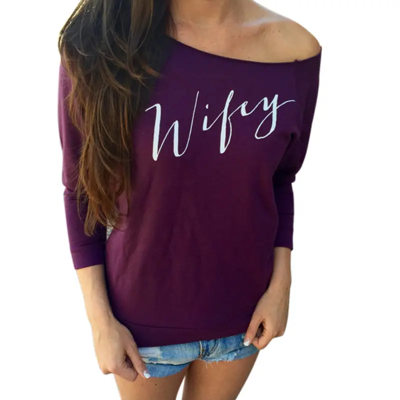 Forward Sexy Women Comfortable Tops Ldies Sloping Shoulder Cotton Long Sleeve Letter Pattern T Shirt 7