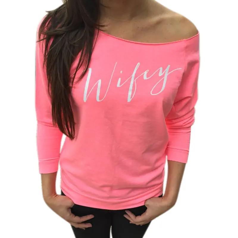 Forward Sexy Women Comfortable Tops Ldies Sloping Shoulder Cotton Long Sleeve Letter Pattern T Shirt 8