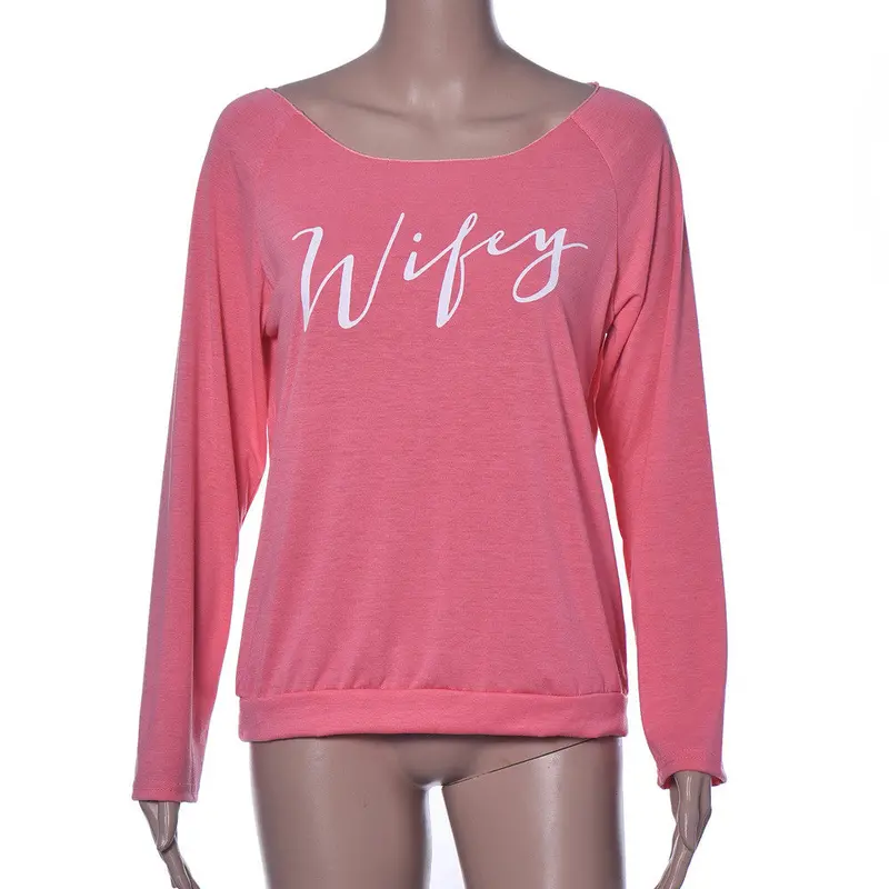 Forward Sexy Women Comfortable Tops Ldies Sloping Shoulder Cotton Long Sleeve Letter Pattern T Shirt 9