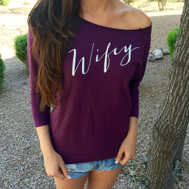 Forward Sexy Women Comfortable Tops Ldies Sloping Shoulder Cotton Long Sleeve Letter Pattern T Shirt 9