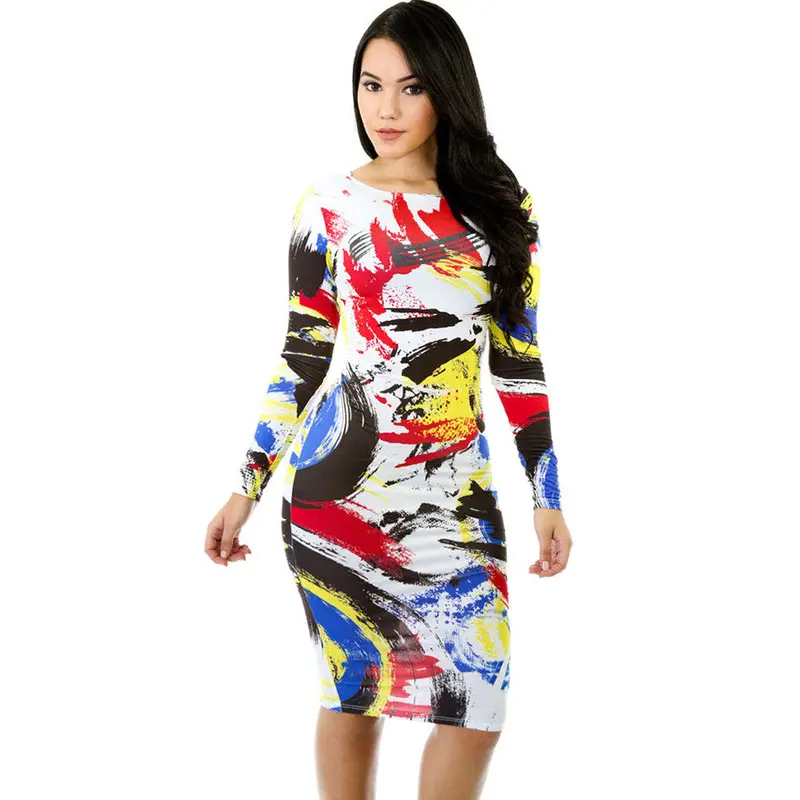 Forward Splash Pattern African Print Dresses Midi Casual Dresses Long Sleeve Dress Bodycon Lc60107 1