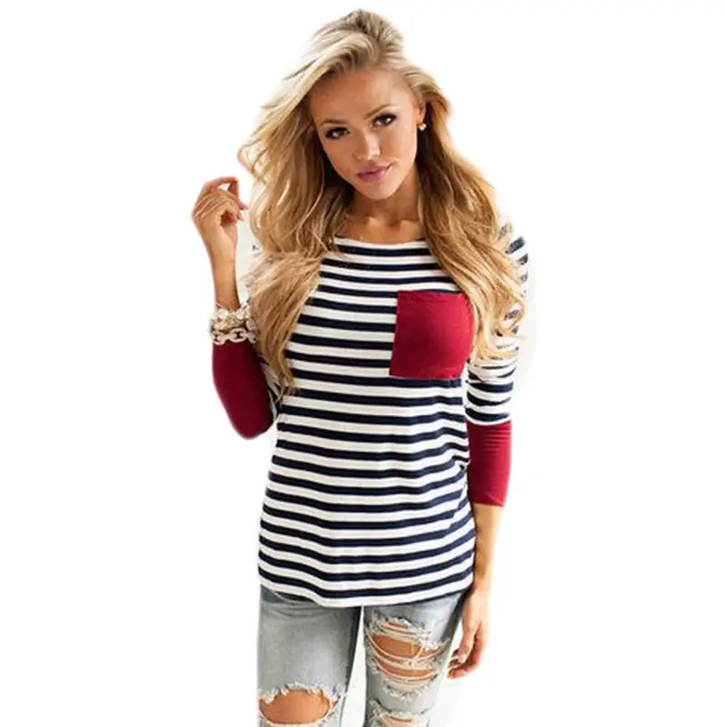 Forward Style Womens Long Sleeve Round Neck Pocket Splice Stripe Shirt Blouse Tops Feminina 1