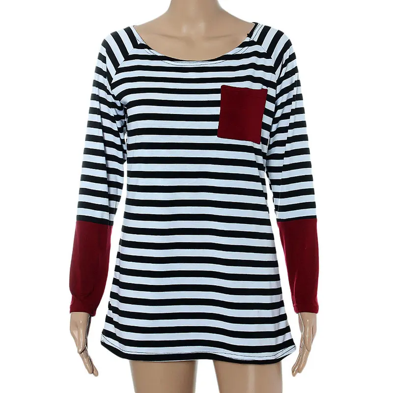 Forward Style Womens Long Sleeve Round Neck Pocket Splice Stripe Shirt Blouse Tops Feminina 2