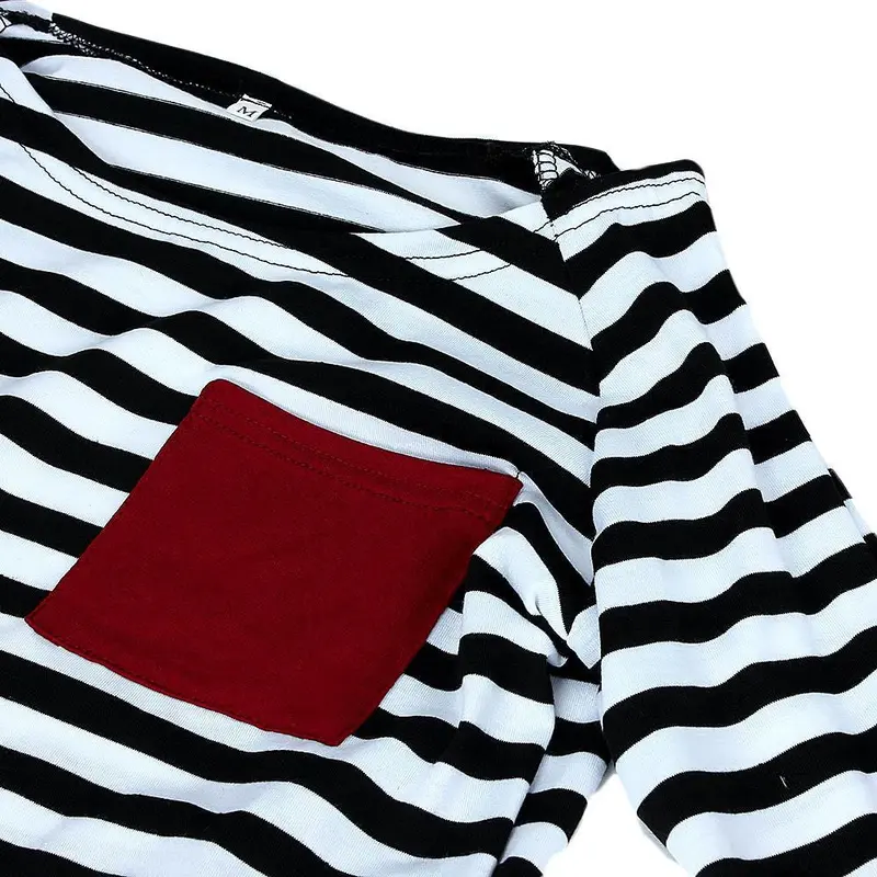 Forward Style Womens Long Sleeve Round Neck Pocket Splice Stripe Shirt Blouse Tops Feminina 3