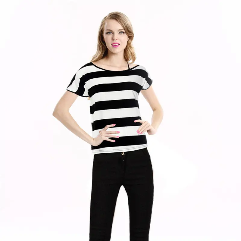 Forward Women Asymmetric Neckline Dolman Sleeve Striped T-Shirts Black Blue 1