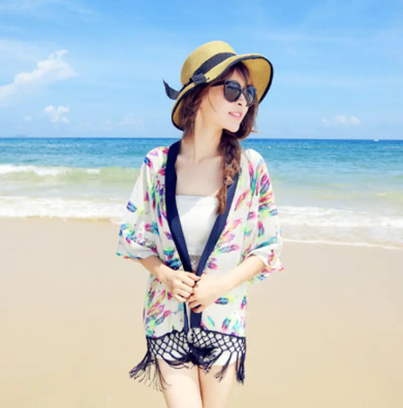 Forward Women Feathers Half Sleeve Printed Splice Chiffon Tassel Shawl Kimono Cardigan Cover Up 2