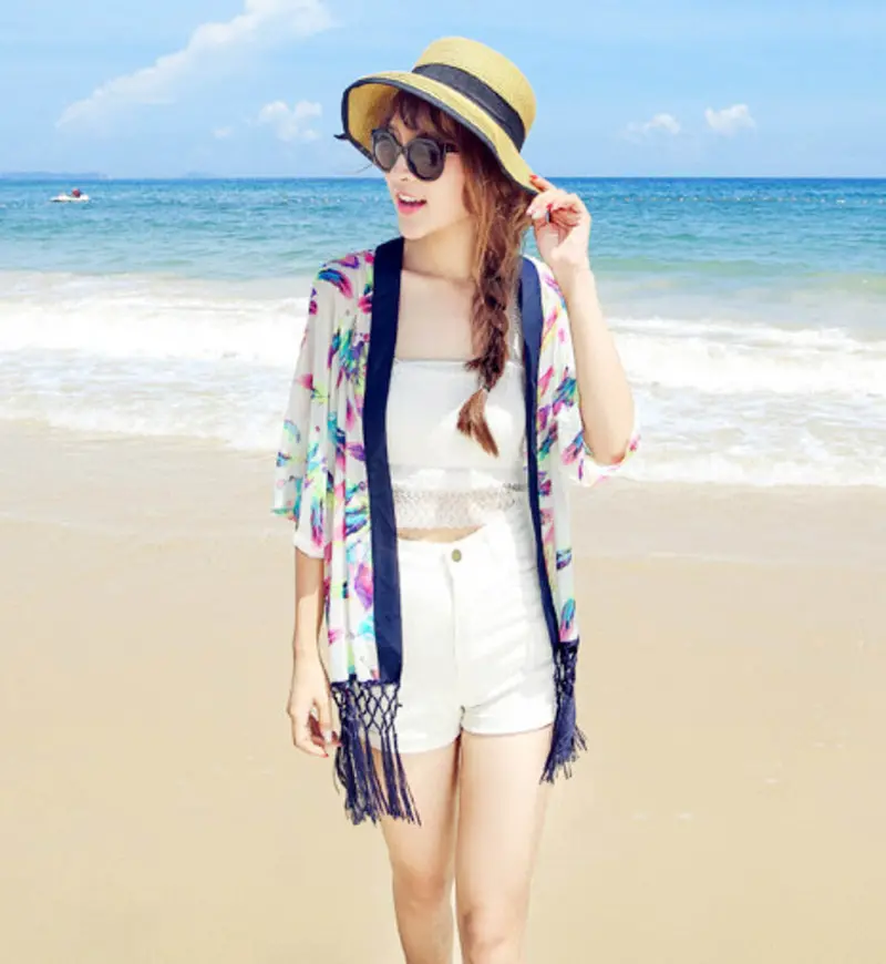 Forward Women Feathers Half Sleeve Printed Splice Chiffon Tassel Shawl Kimono Cardigan Cover Up 3