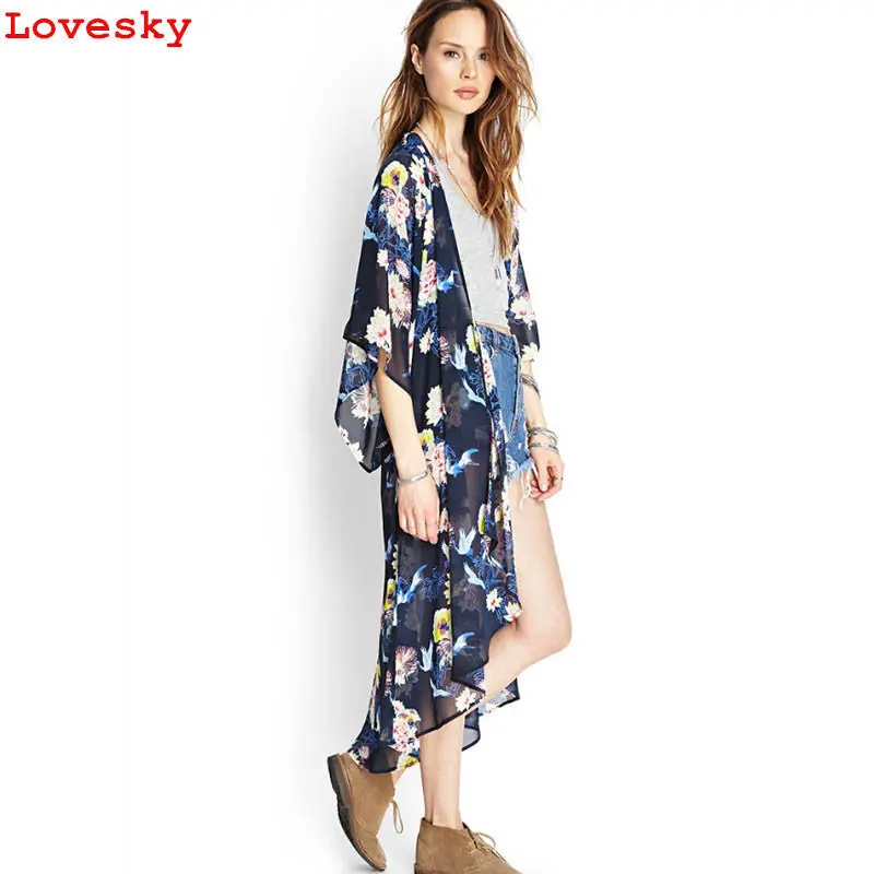 Forward Women Floral Printed Full Sleeve Chiffon Kimono Cardigan Coat Tops Blouse 1