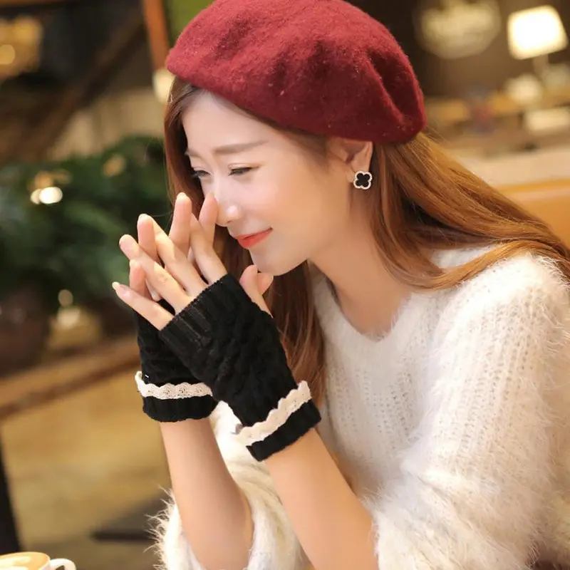Forward Women Girls Autum Hemp Flowers Lace Fingerlessthick Warm Gloves 1