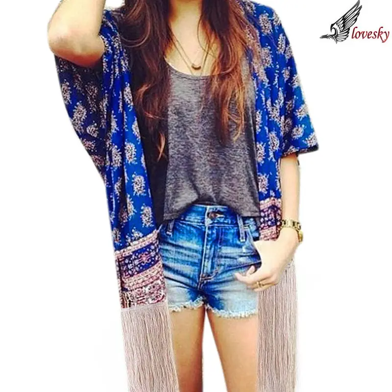 Forward Women Girls O-Neck Printed Fight Side Tassel Half Sleeve Kimono Cardigan Blouse 1