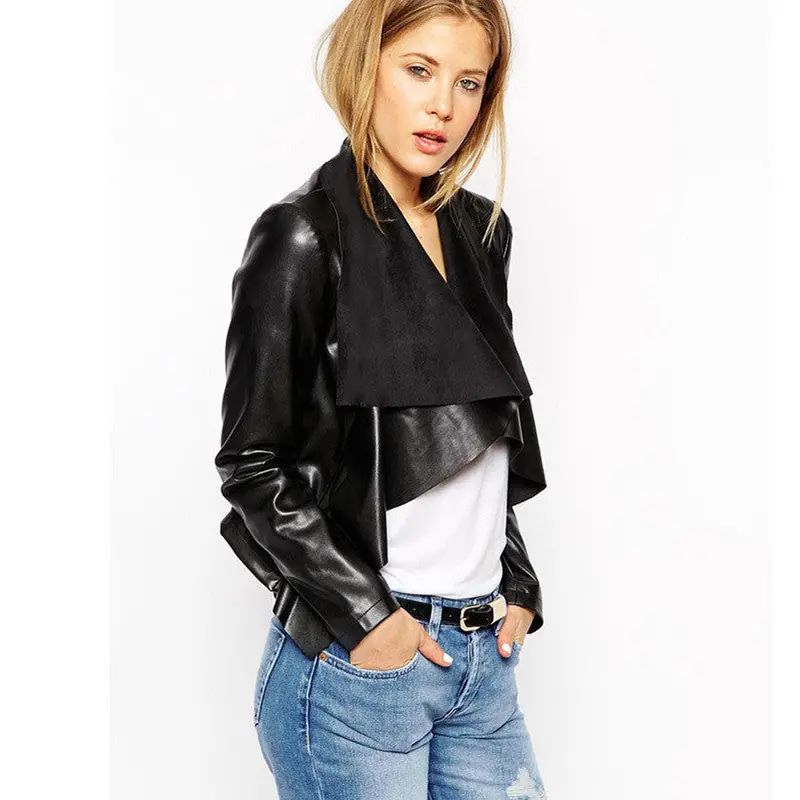 Forward Women Pu Soft Leather Jackets Black Coat Motorcycle Outerwear Coat Cardigan Plus Size 1
