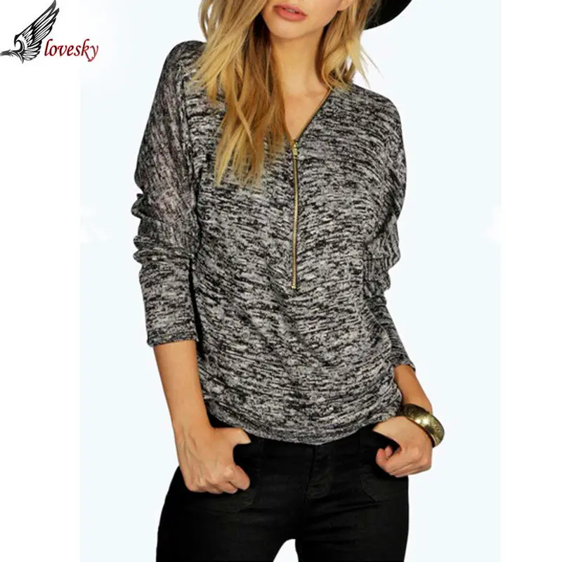 Forward Women Tops European Style Casual Shirt V Neck Long Sleeve Zipper Blusa Feminina 1