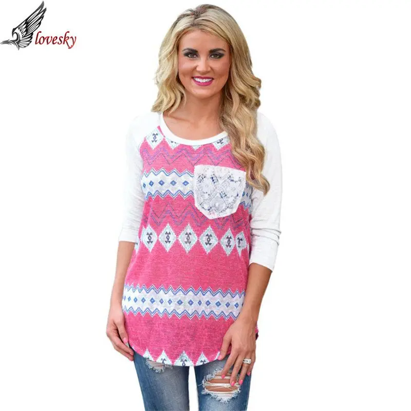 Forward Women Tops European Style Printing Lace Pocket O-Neck Shirt Tops Blusa Feminina 1