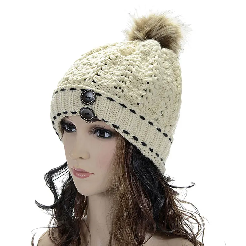 Forward Women's Wool Balls Warm Wood Buckle Knitted Wool Hat 1