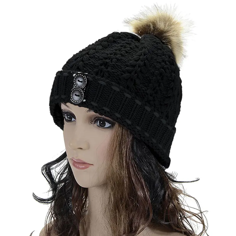 Forward Women's Wool Balls Warm Wood Buckle Knitted Wool Hat 2