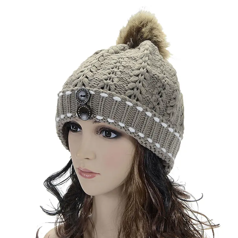 Forward Women's Wool Balls Warm Wood Buckle Knitted Wool Hat 4