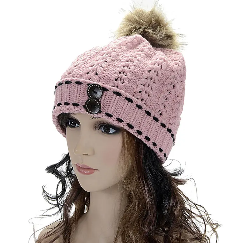 Forward Women's Wool Balls Warm Wood Buckle Knitted Wool Hat 5