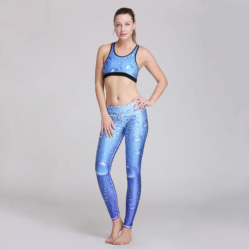 Fresh Water Drops Stylish Tank Vest 3D Digital Printing Cotton Elastic Breathablegyms Blue Leggings Suit 1