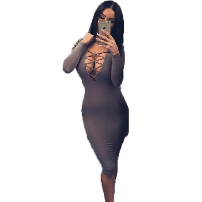 Front-Cross Strap Bodycon Dress – V-Neck Package-Hip Slim Fit Design