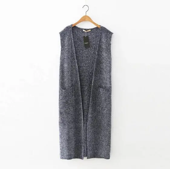 Front Double Pockets Knitted Mid Long Vest Women Open Stitching Slim Sleeveless Suit Gilet Waistcoat Tops 1