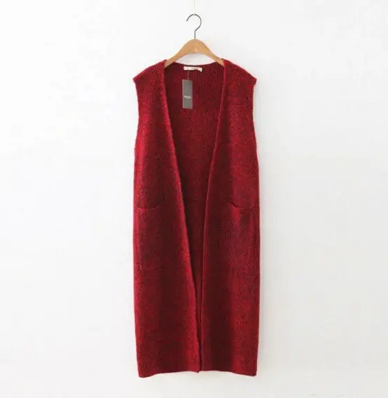 Front Double Pockets Knitted Mid Long Vest Women Open Stitching Slim Sleeveless Suit Gilet Waistcoat Tops 2