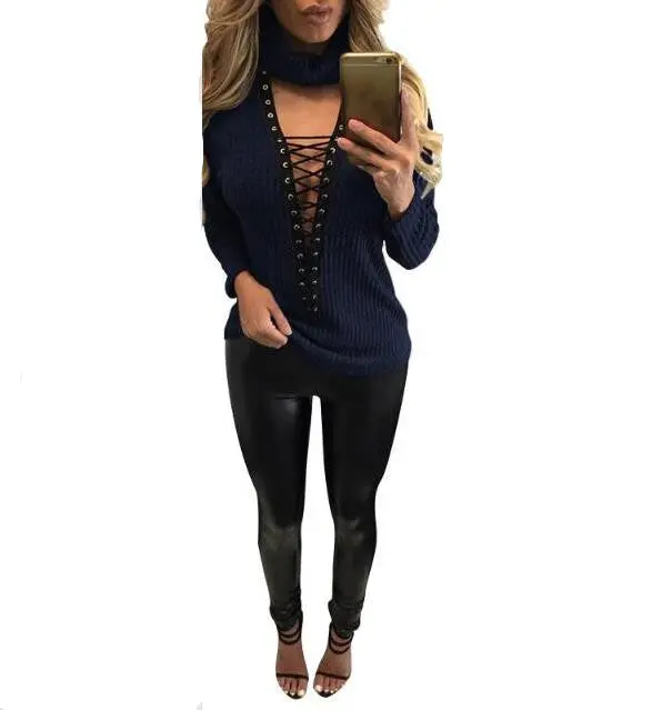 Front-Lace-Up Turtleneck Blouse – Long-Sleeve Solid Bandage Top in 6 Colors (LX115)