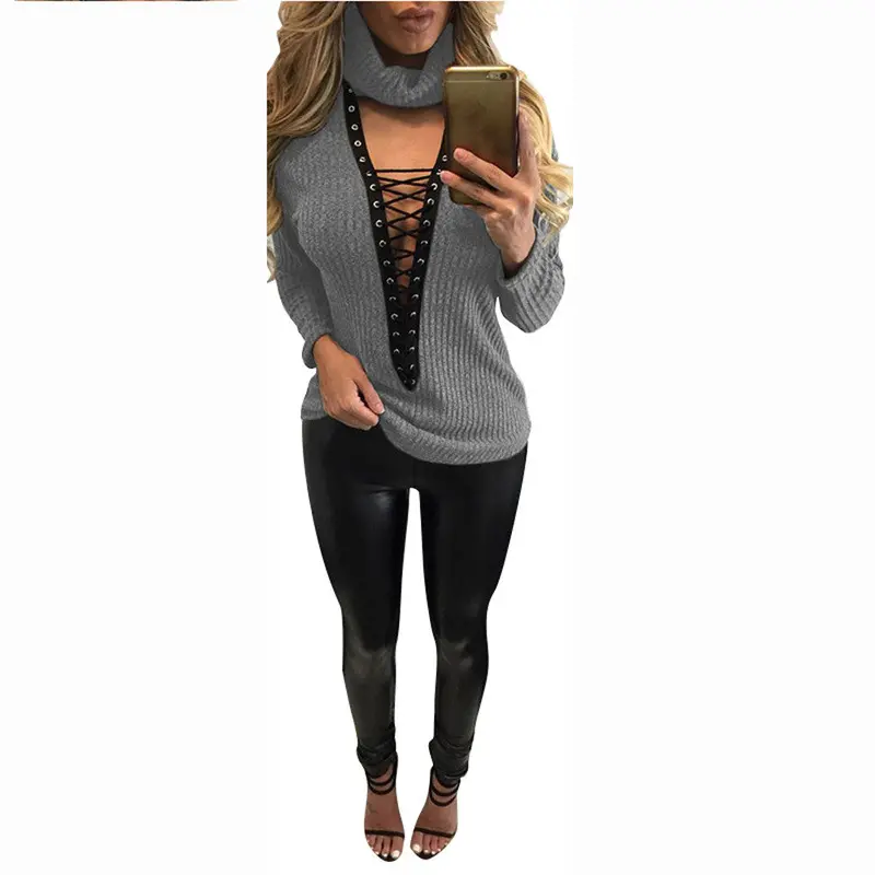 Front-Lace-Up Turtleneck Blouse – Long-Sleeve Solid Bandage Top in 6 Colors (LX115)