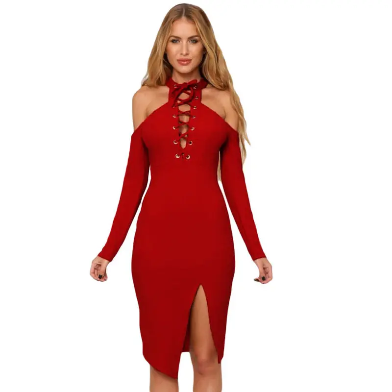 Front Slit Back Zip Slim Pencil Dress Long Sleeve Dress Sexy Red Hollow Out Off Shoulder Midi Dress 1