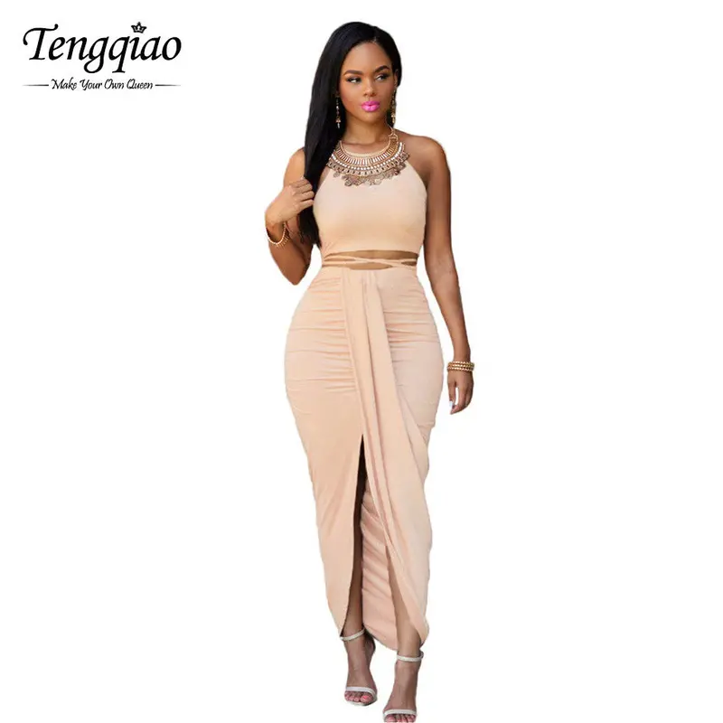 Front Split Suede 2 Piece Two Piece Outfits Sleeveless Asymmetrical Maxi Dress Long Bodycon Bandage Dress 4