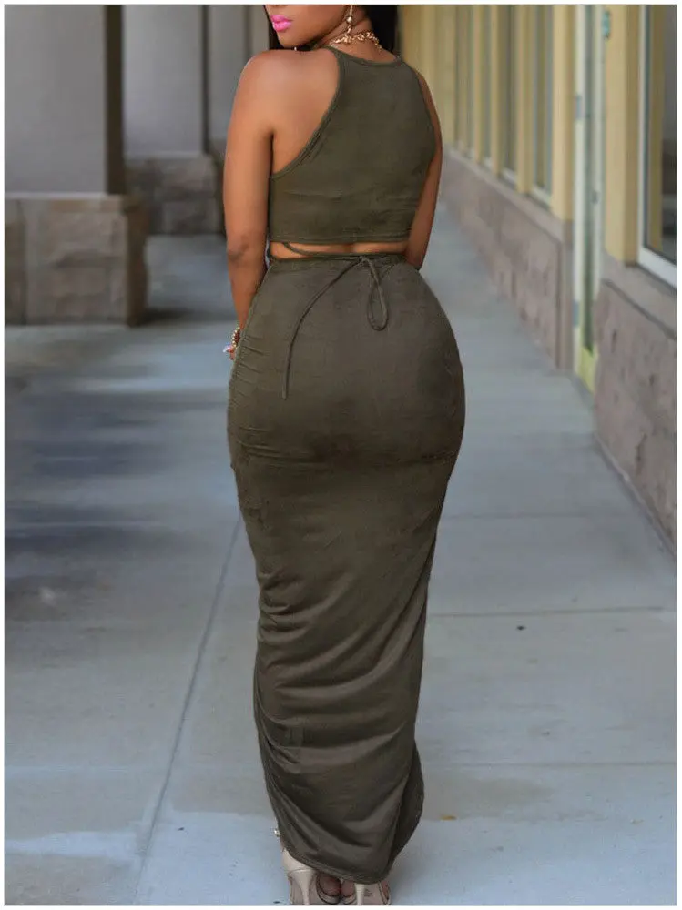 Front Split Suede 2 Piece Two Piece Outfits Sleeveless Asymmetrical Maxi Dress Long Bodycon Bandage Dress 7