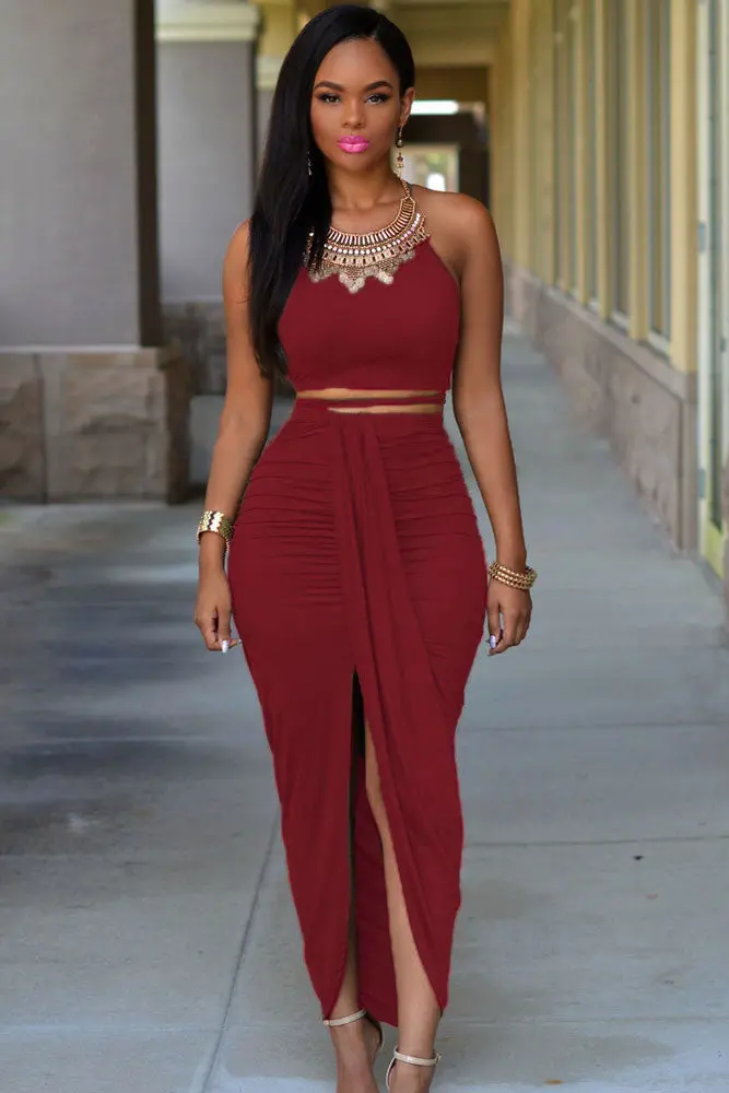 Front Split Suede 2 Piece Two Piece Outfits Sleeveless Asymmetrical Maxi Dress Long Bodycon Bandage Dress 9