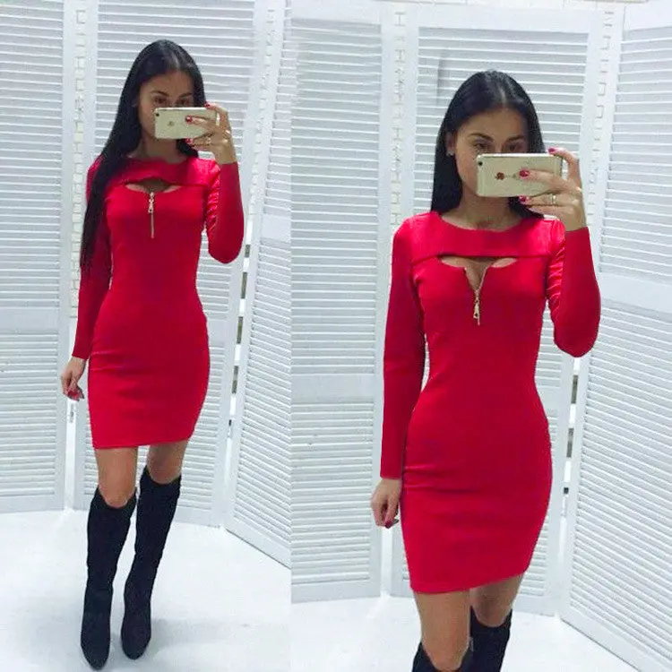 Front-Zip Bodycon Mini Dress – Stretchy Hollow-Out Evening Dress with Hip Accent