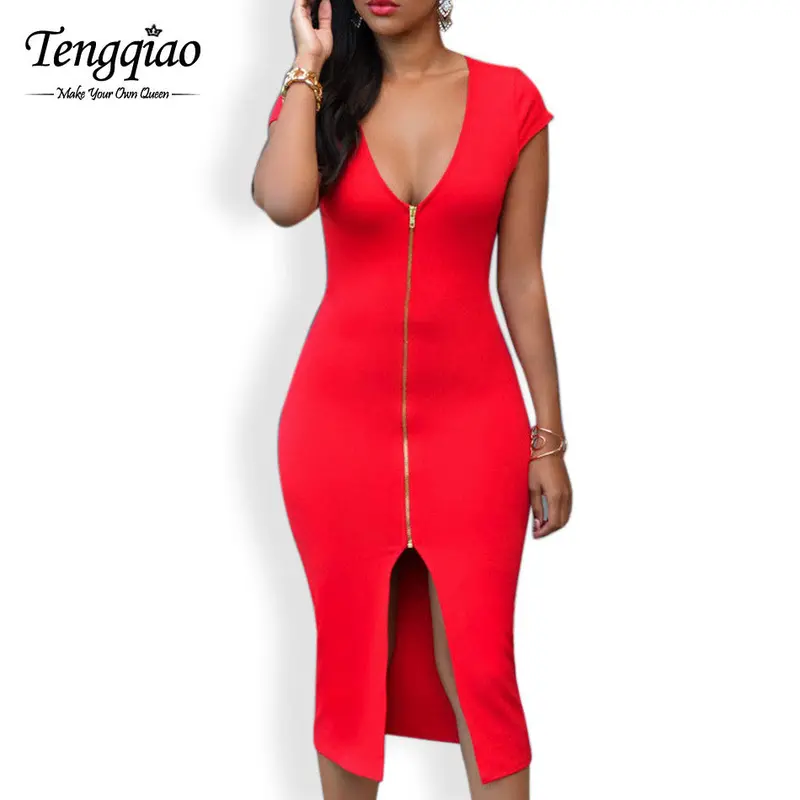 Front Zip Bodycon White Sexy Dress Asymmetrical Party Night Club Dress Deep V Neck Long Sexy Clubbing Dress 2