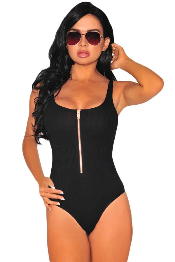 Front-Zip Knitted Spandex Black Bodysuit For Sleeveless All-Match Rompers Jumpsuit Backless Sexy Bodysuit 4