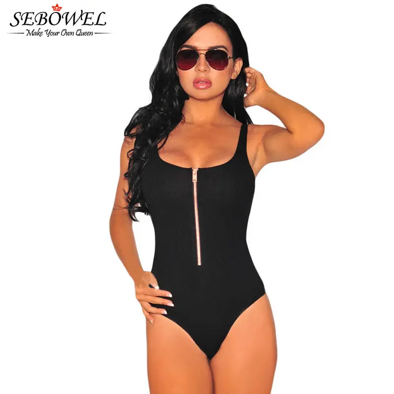 Front-Zip Knitted Spandex Black Bodysuit For Sleeveless All-Match Rompers Jumpsuit Backless Sexy Bodysuit 4