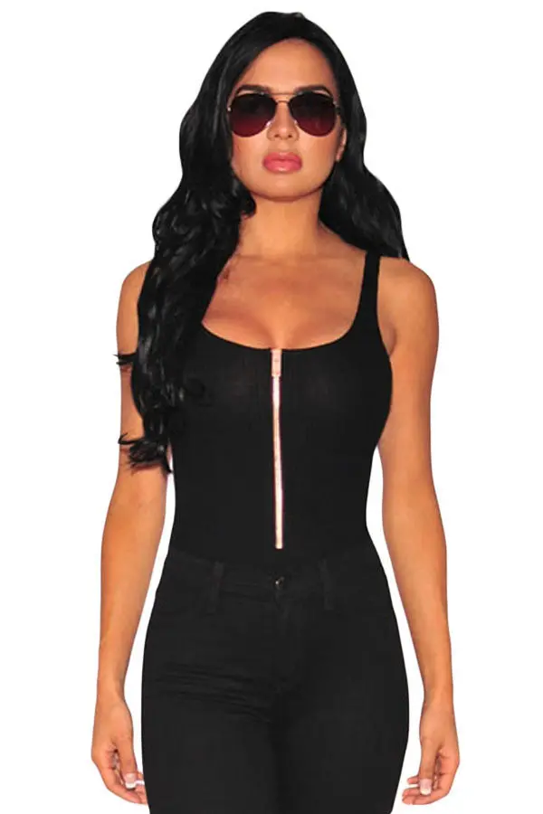 Front-Zip Knitted Spandex Black Bodysuit For Sleeveless All-Match Rompers Jumpsuit Backless Sexy Bodysuit 6